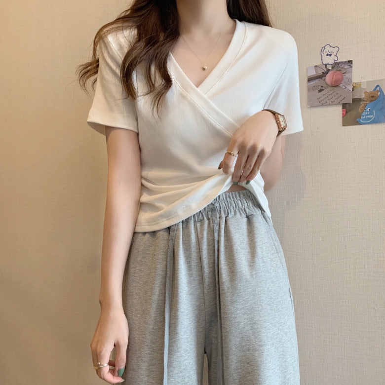 レディース クロスVネック半袖Tシャツ スリムフィット