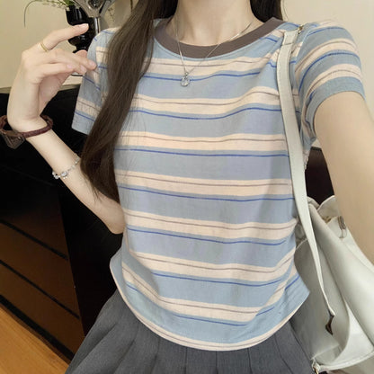 レディース ブルーストライプ 半袖Tシャツ