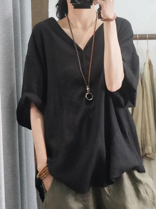 レディース 綿麻 シャツ Vネック ゆったり 七分袖