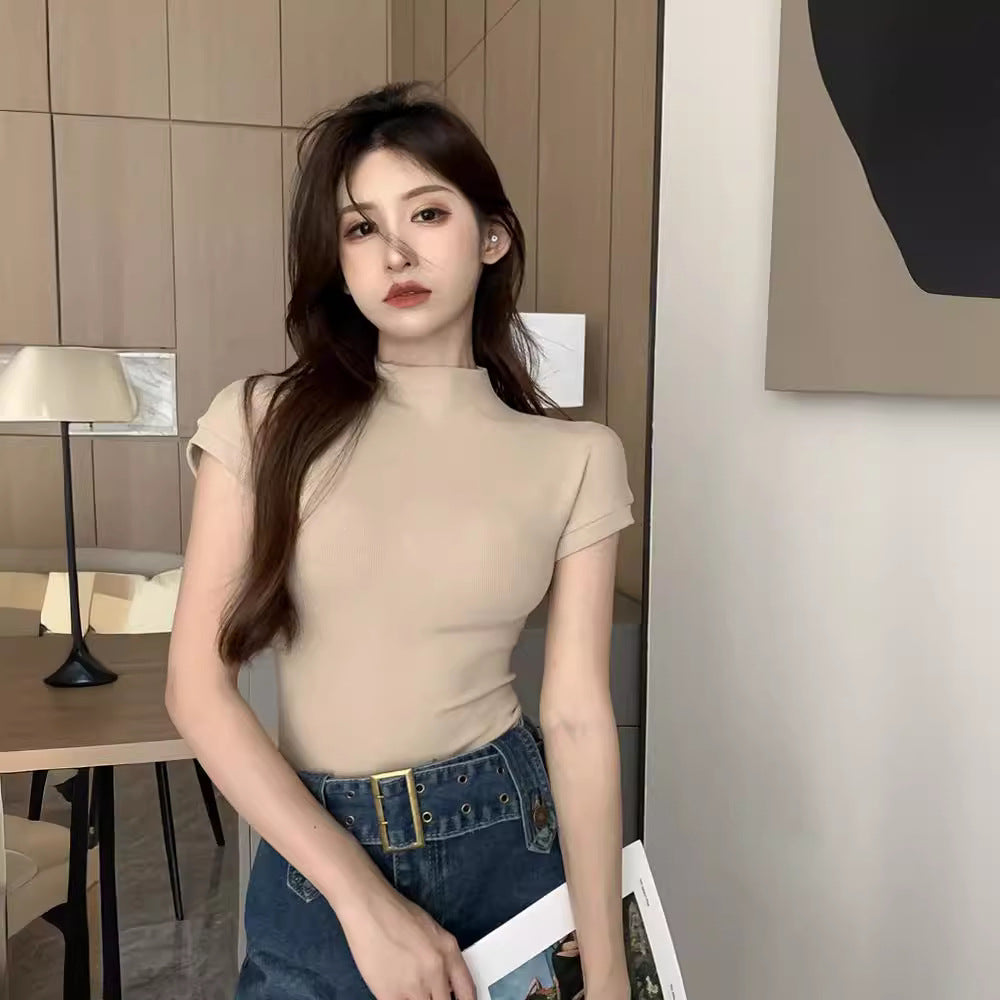レディース ハーフタートルネック 半袖Tシャツ スリムフィット インナー トップス