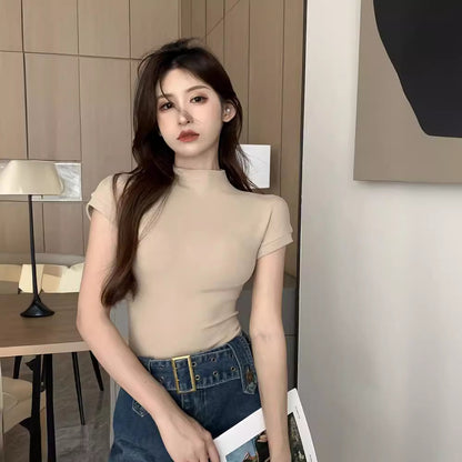 レディース ハーフタートルネック 半袖Tシャツ スリムフィット インナー トップス