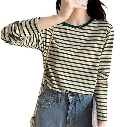 コットン素材 ストライプ 長袖Tシャツ レディース インナーウェア 丸首 カジュアル トップス