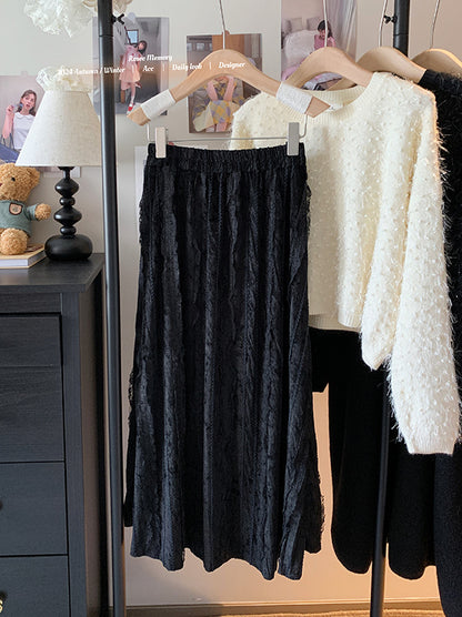 ベルベット プリーツ Aラインスカート ミドル丈