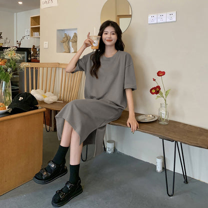 レディース ゆったり カジュアル 無地ロングスカート ワンピース  半袖Tシャツ 丸首