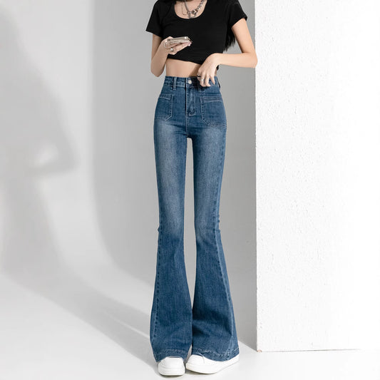 細見えデニムパンツ ストレッチ ブーツカット アメカジ パッチポケット
