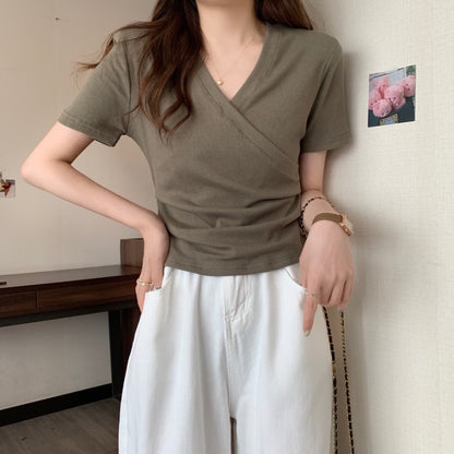 レディース クロスVネック半袖Tシャツ スリムフィット