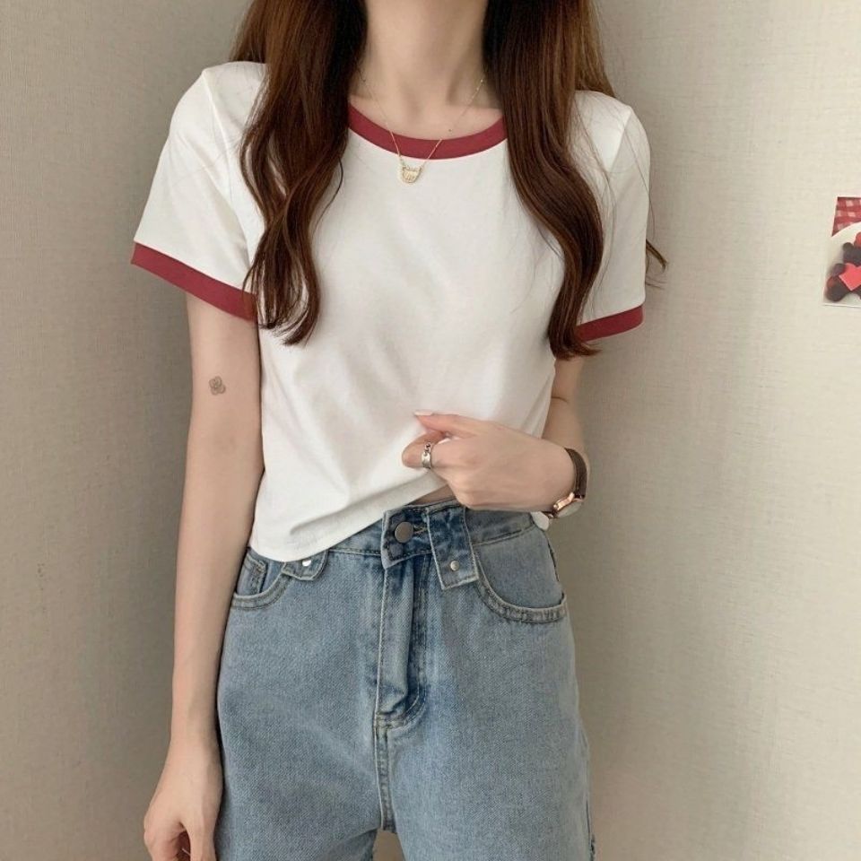 レディース 半袖Tシャツ コントラストカラー ラウンドネック