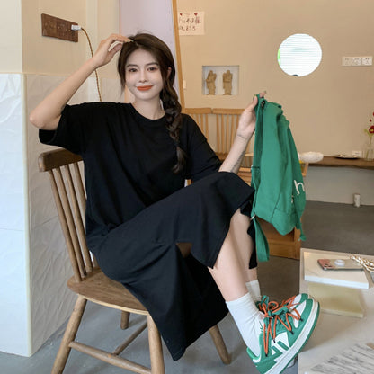 レディース ゆったり カジュアル 無地ロングスカート ワンピース  半袖Tシャツ 丸首