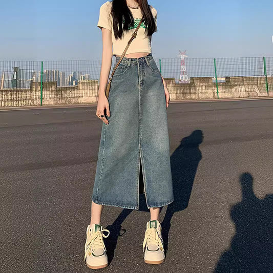 ハイウエスト デニムスカート Aライン スカートミドル丈