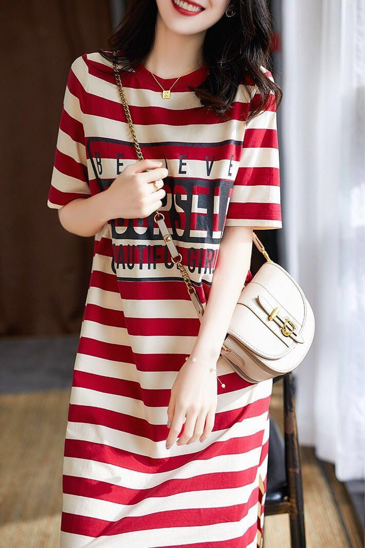 レディース ルーズ ストライプワンピース Tシャツ 半袖ワンピース