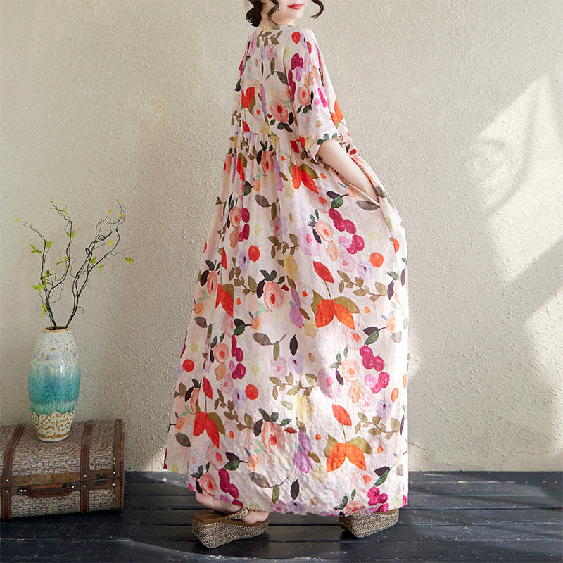 花柄ワンピース 丸首 半袖