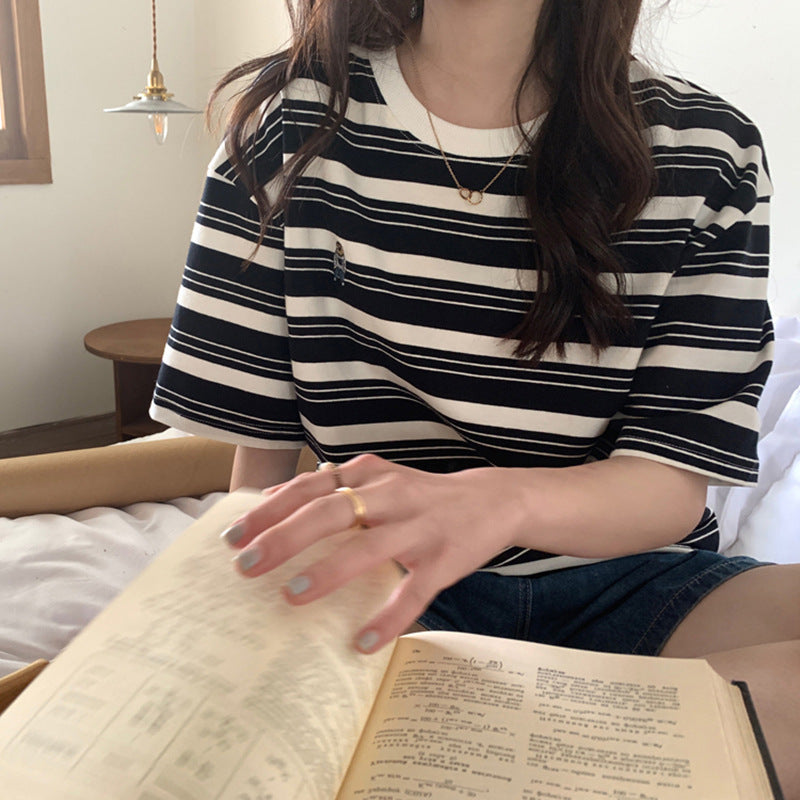 綿100％ コットン素材 刺繡入り ラウンドネック ストライプ 半袖Tシャツ レディース ゆったり カジュアル