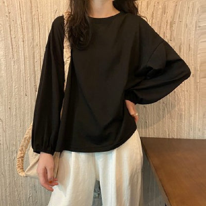 レディーストップス ゆったりランタン袖 プルオーバー 長袖Tシャツ 無地