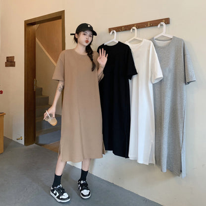 レディース ゆったり カジュアル 無地ロングスカート ワンピース  半袖Tシャツ 丸首