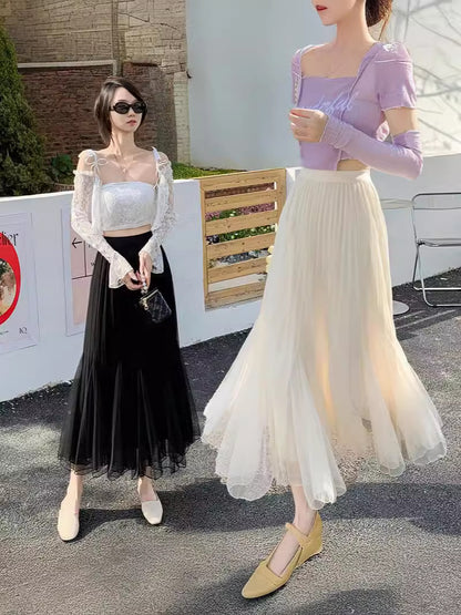 メッシュスカート ハイウエスト Aライン プリーツスカート ミドル丈 レディース ロングスカート 春夏