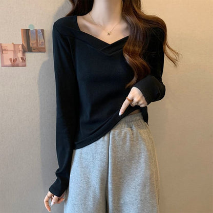 レディース Vネック 無地 長袖Tシャツ トップス インナー