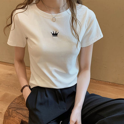 レディース スリム ラウンドネック半袖Tシャツ王冠刺繍