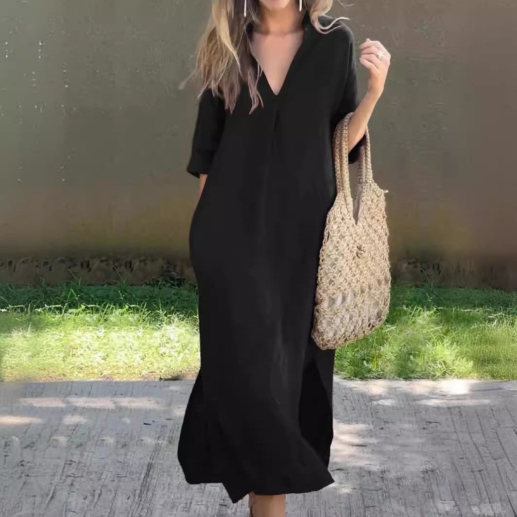 半袖 Vネック ロングワンピース ゆったり 体型カバー
