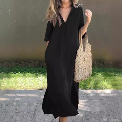 半袖 Vネック ロングワンピース ゆったり 体型カバー