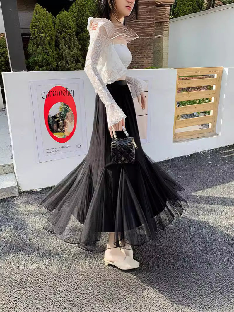 メッシュスカート ハイウエスト Aライン プリーツスカート ミドル丈 レディース ロングスカート 春夏