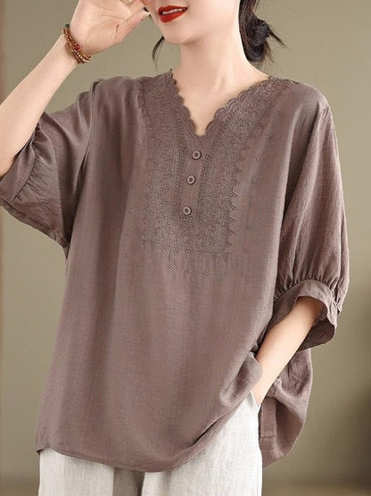 レディース ゆったり 綿麻 七分袖Tシャツ　
