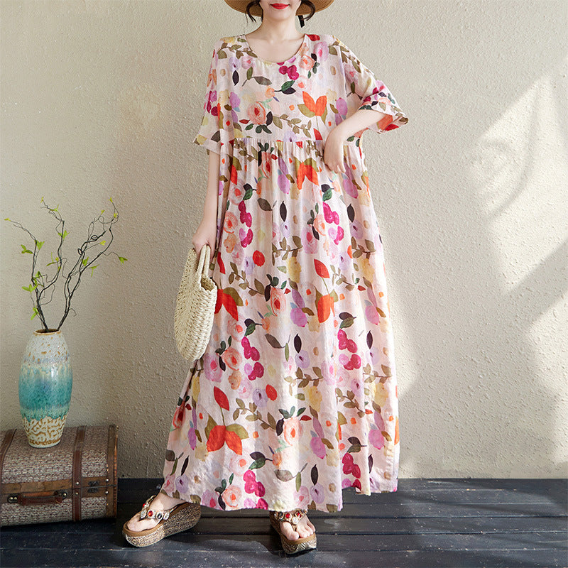 花柄ワンピース 丸首 半袖