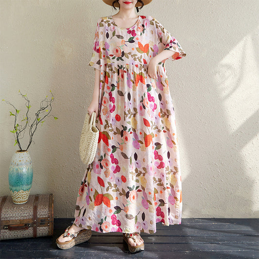 花柄ワンピース 丸首 半袖