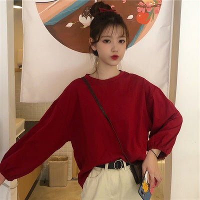 レディーストップス ゆったりランタン袖 プルオーバー 長袖Tシャツ 無地