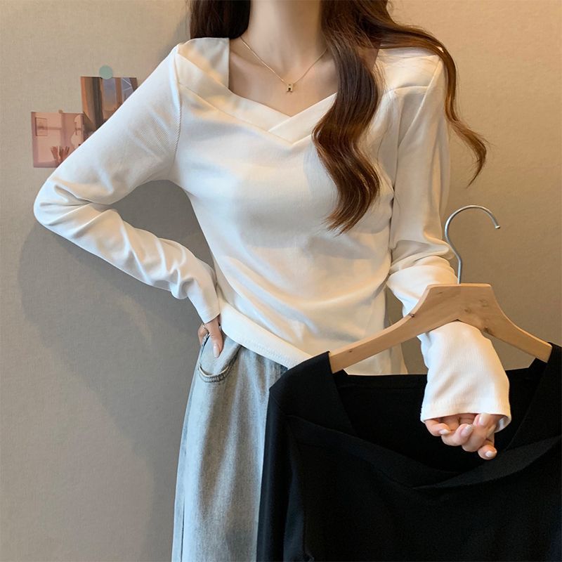 レディース Vネック 無地 長袖Tシャツ トップス インナー