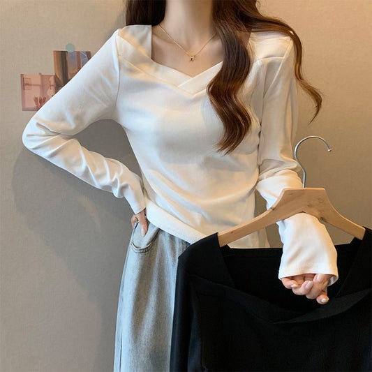 レディース Vネック 無地 長袖Tシャツ トップス インナー