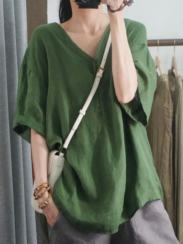 レディース 綿麻 シャツ Vネック ゆったり 七分袖