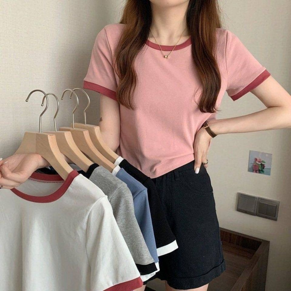 レディース 半袖Tシャツ コントラストカラー ラウンドネック