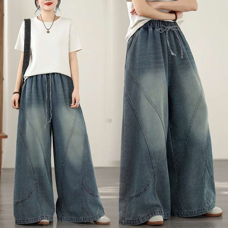 レディース デニム ワイドレッグパンツ ウエストゴム ゆったり
