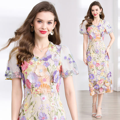 フラワー ワンピース Vネック 花柄 半袖