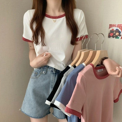 レディース 半袖Tシャツ コントラストカラー ラウンドネック