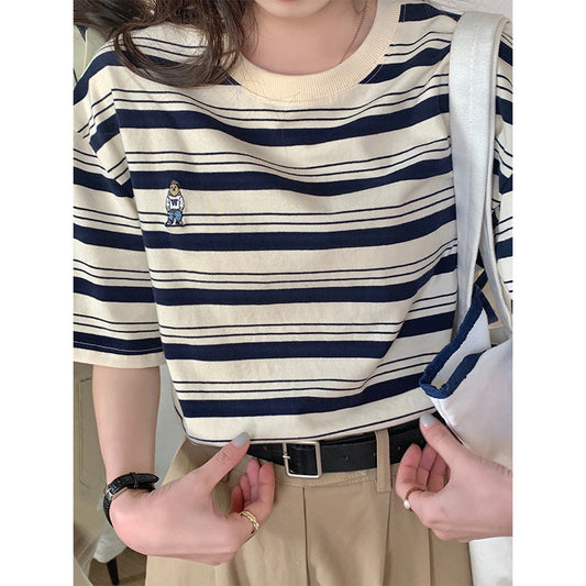 綿100％ コットン素材 刺繡入り ラウンドネック ストライプ 半袖Tシャツ レディース ゆったり カジュアル