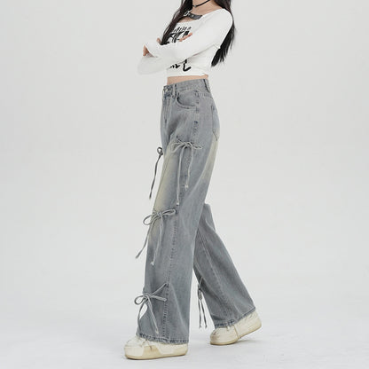 レディース デニム ワイドレックパンツ 蝶結び リボン ストレート ジーンズ