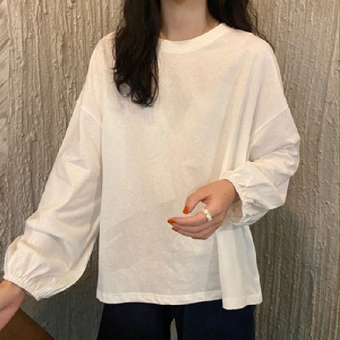 レディーストップス ゆったりランタン袖 プルオーバー 長袖Tシャツ 無地