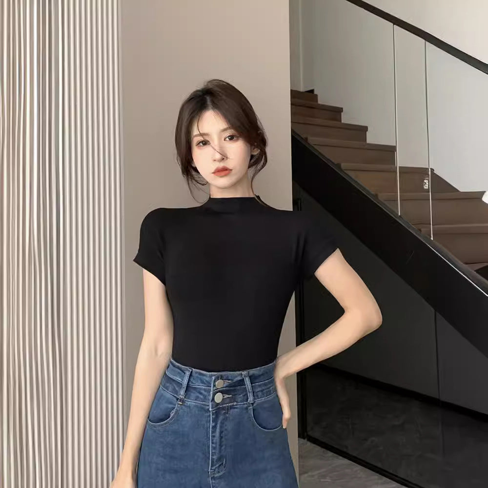 レディース ハーフタートルネック 半袖Tシャツ スリムフィット インナー トップス