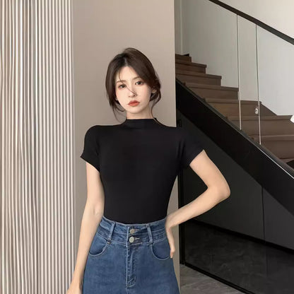 レディース ハーフタートルネック 半袖Tシャツ スリムフィット インナー トップス