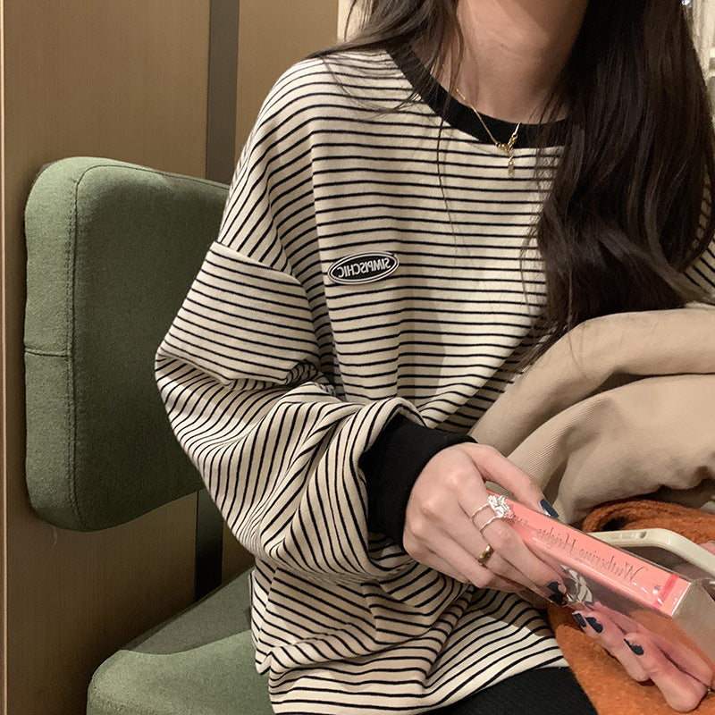 レディース ルーズ ストライプ長袖Tシャツ スウェットシャツ ゆったり