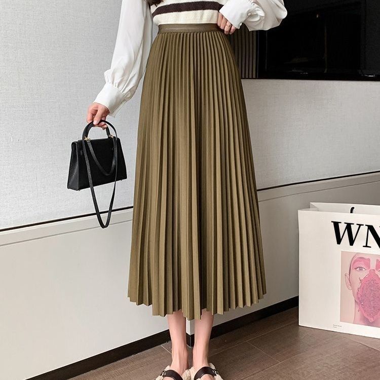 ブラックプリーツスカート Aラインスカート レディースミドル丈ハイウエストスリミングスカート