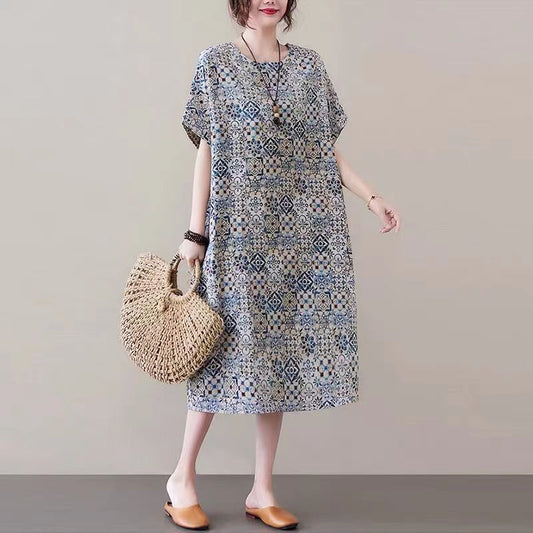 Lサイズ花柄ロングドレス、子供用、夏用、薄手用、Mサイズ、ヤング用、ゆったりで隠れるミディスカート、レトロなエスニックスタイルのドレス